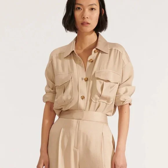 Veronica Beard M Luxe Crepe Button Down Blouse Long Sleeve Shirt Sand size 6 - Picture 2 of 16